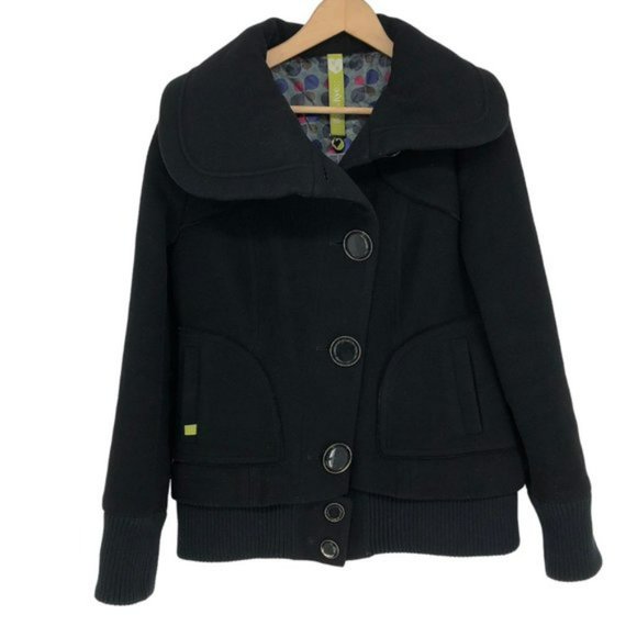 Soia and Kyo Black Wool blend Asymmetrical Buttoned Pea Coat womens Medium - Picture 3 of 15